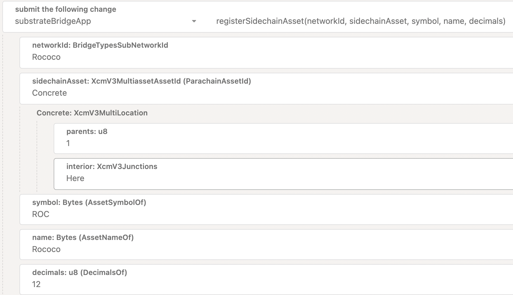 Imagen: Ejemplo de registrar un token nativo de Rococo